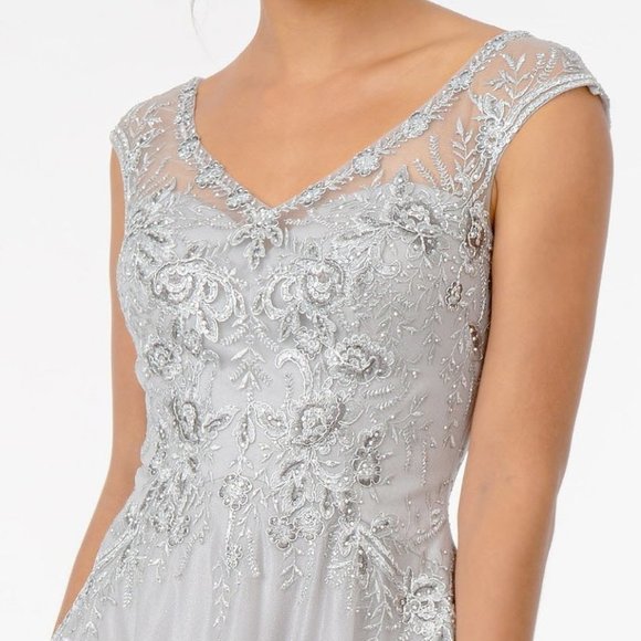 Silver Mother of Bride Embroidered Bodice V-Neck Long Dress with V-BackGL1826